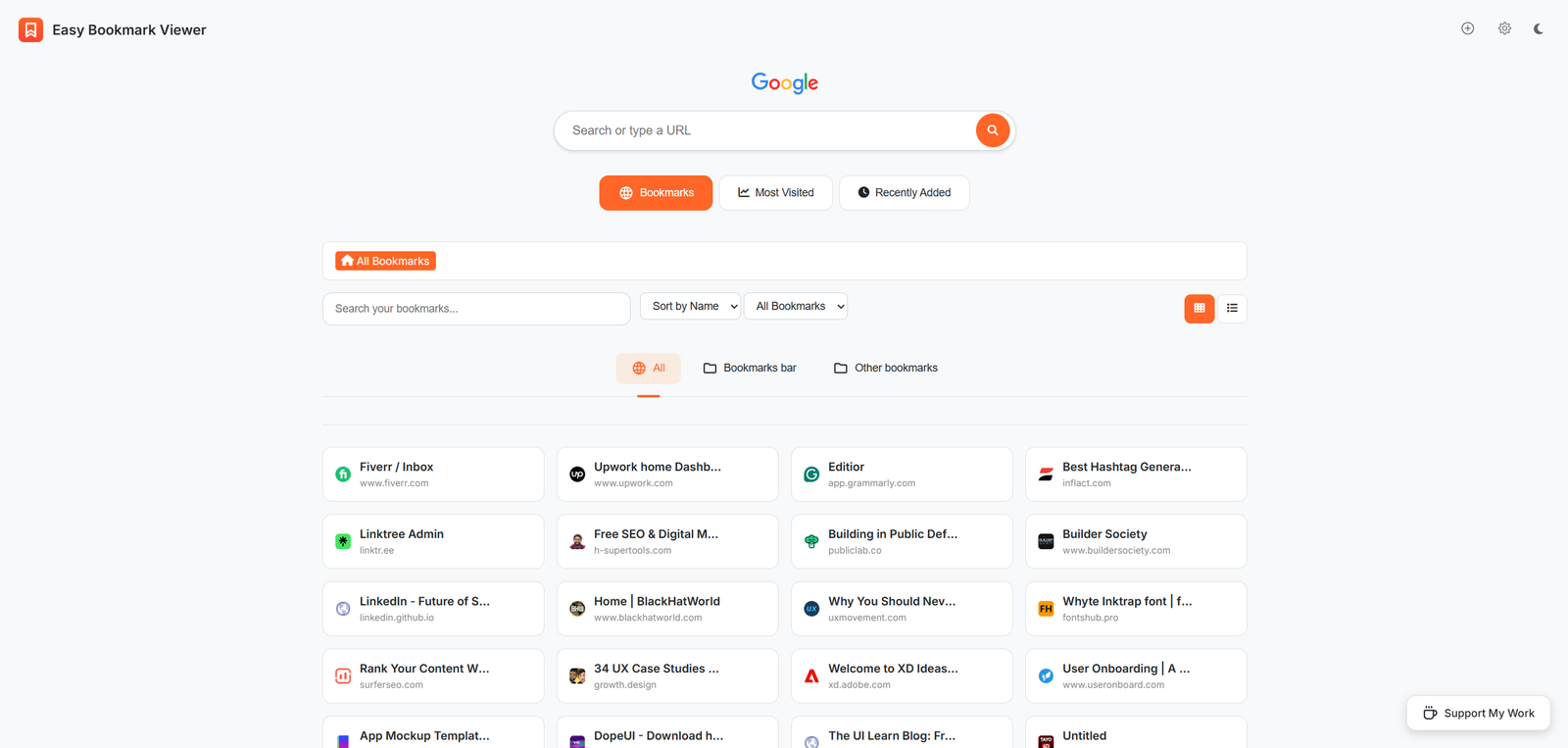 Easy Bookmark Viewer product screenshot: new tab dashboard with bookmarks grid, search, and tabs.